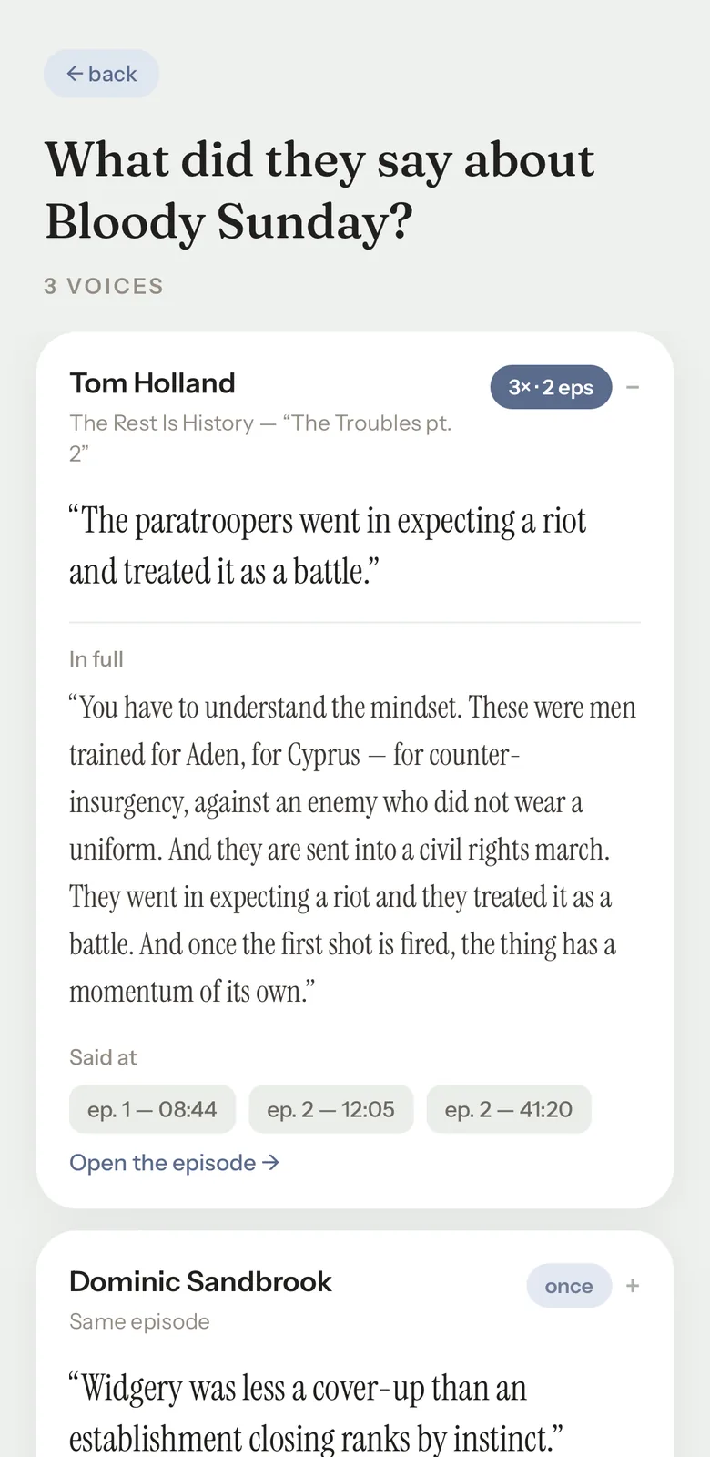 The Answer screen: three voices on Bloody Sunday, each card naming its speaker, episode and how often it was said