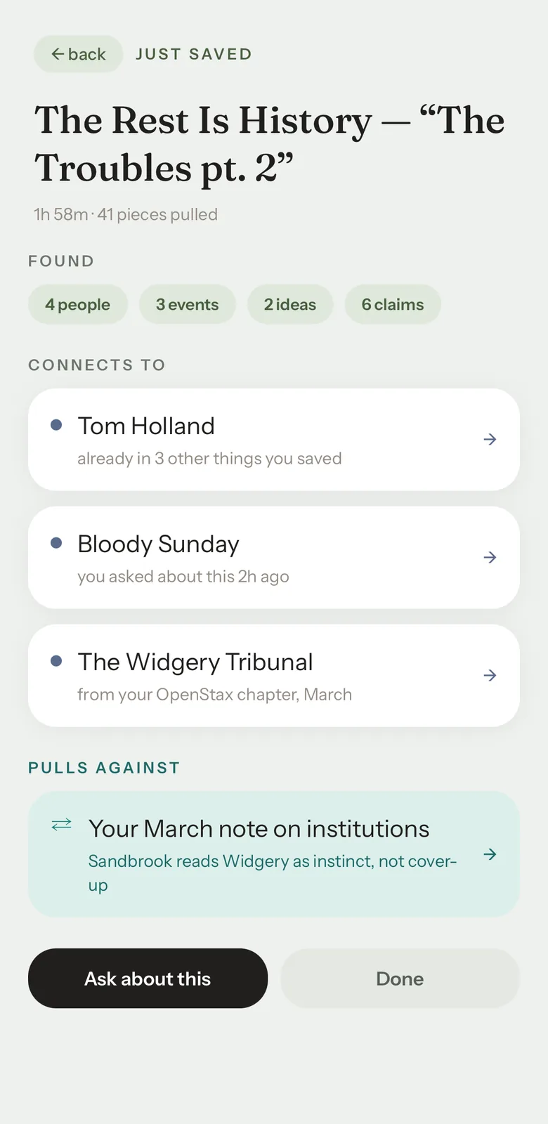 The Just saved screen for a podcast episode: what was found, what it connects to, what it pulls against